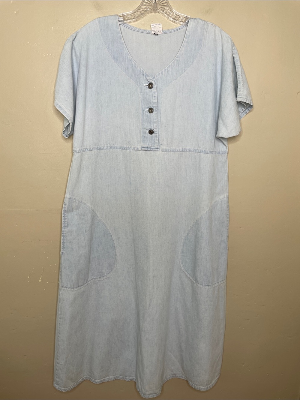 VINTAGE Blue Light Wash Chambray Partial Button Lagenlook MIDI Cotton Dress Med